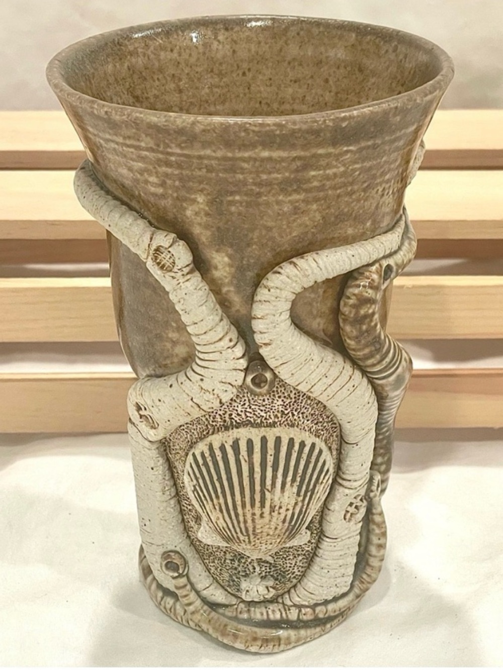 Artisan Signed Ceramic Vase or Pencil Holder. Sea Motif. Tentacles & Shell | EUC